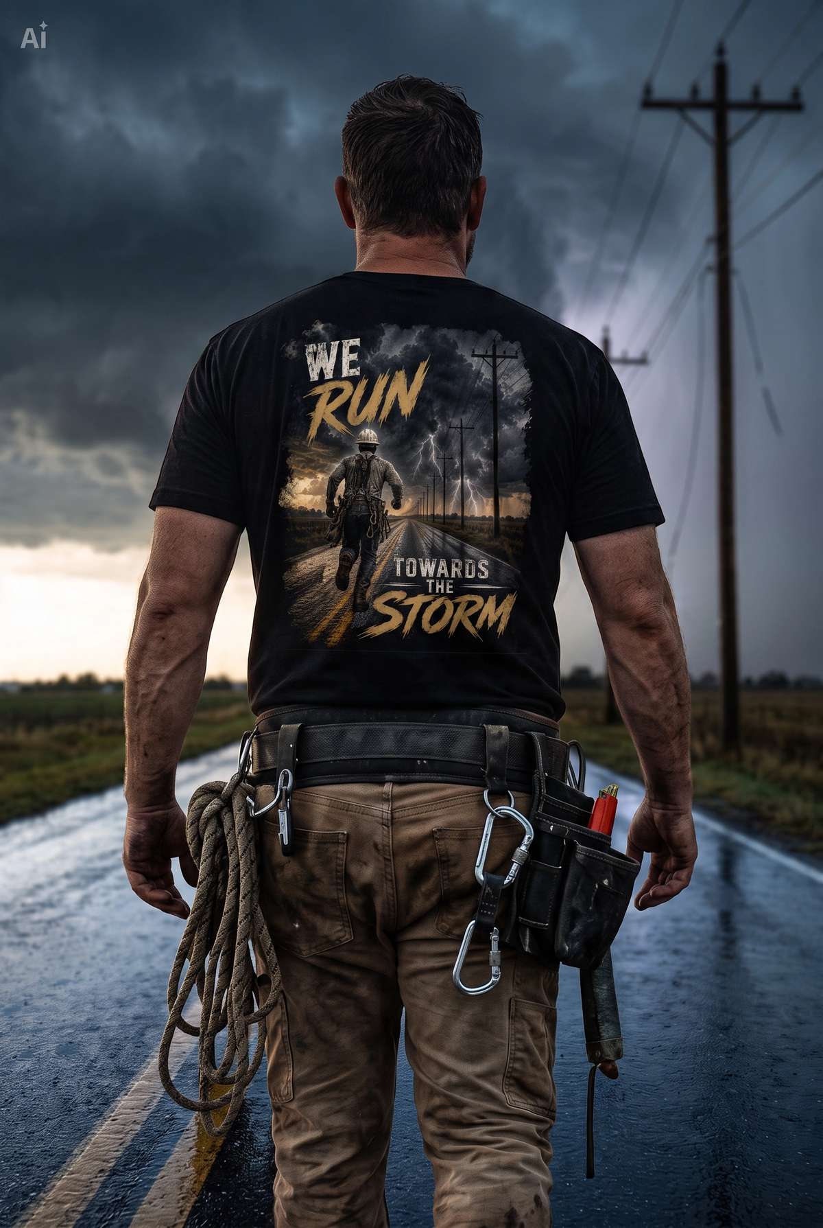 A man viewed from behind walking on a wet road, wearing a black graphic T-shirt with the text 'WE RUN TOWARDS THE STORM' and a storm-themed print on the back, along with work gear and rope tools.