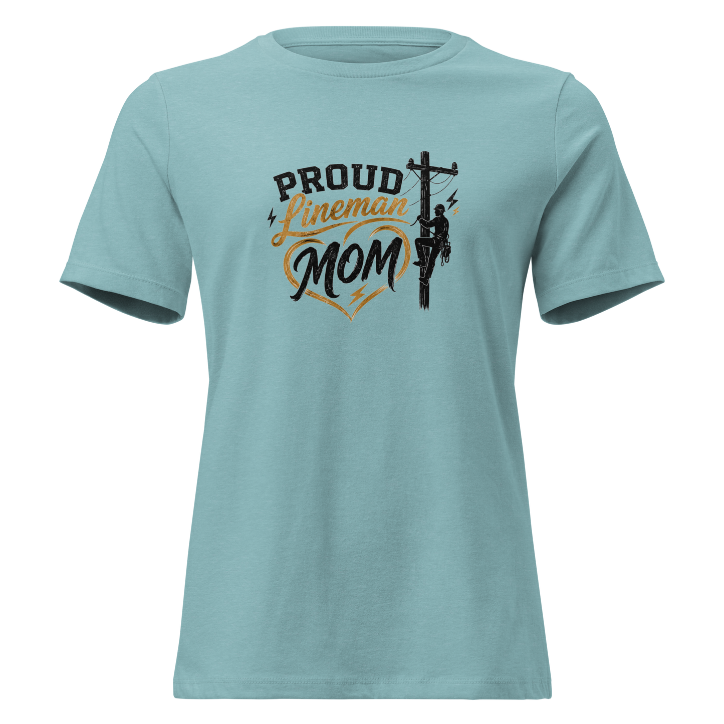 Front view of a heather blue lagoon women's lineman mom t-shirt with a utility pole heart graphic.
