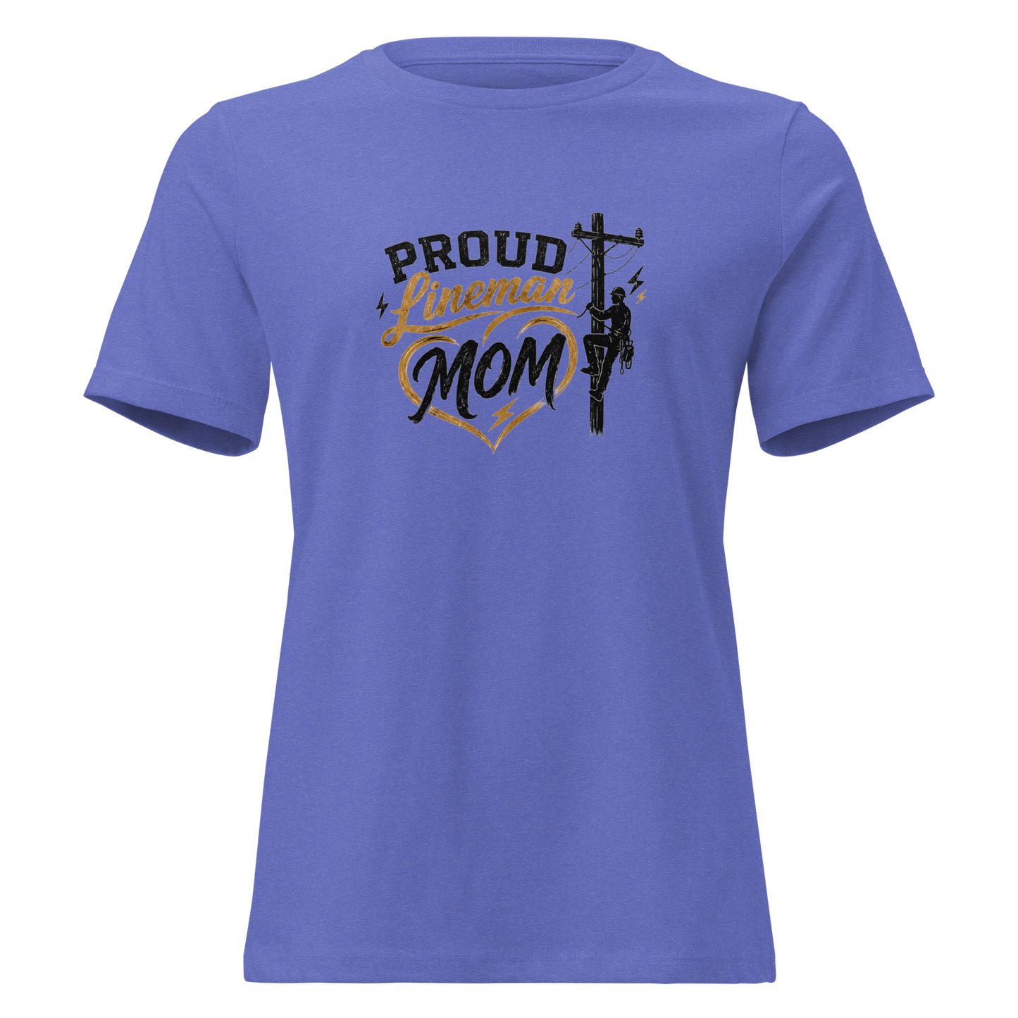 Front view of a heather true royal blue women's lineman mom t-shirt with a utility pole heart graphic.