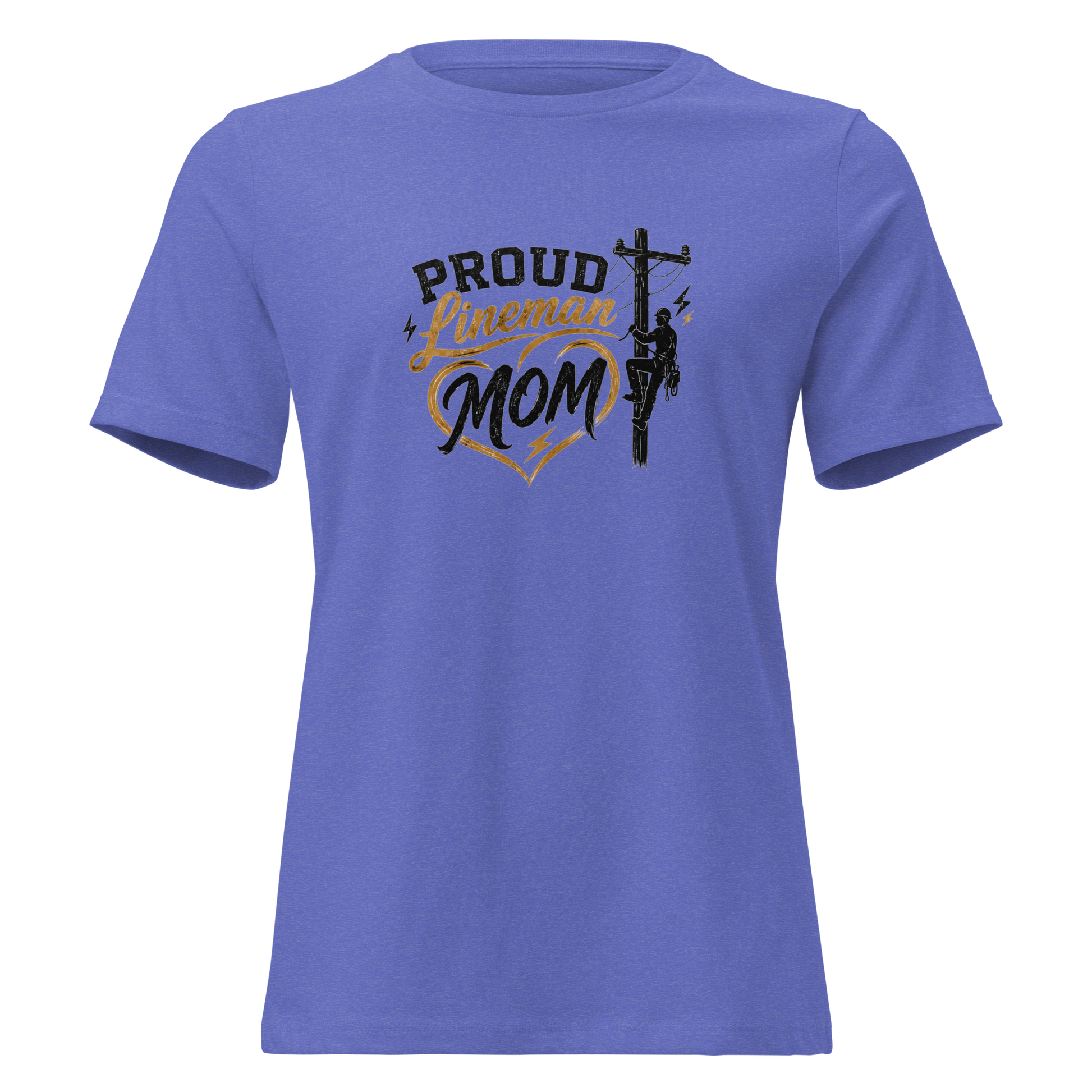 Front view of a heather true royal blue women's lineman mom t-shirt with a utility pole heart graphic.