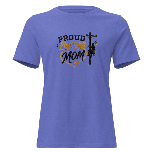 Front view of a heather true royal blue women's lineman mom t-shirt with a utility pole heart graphic.