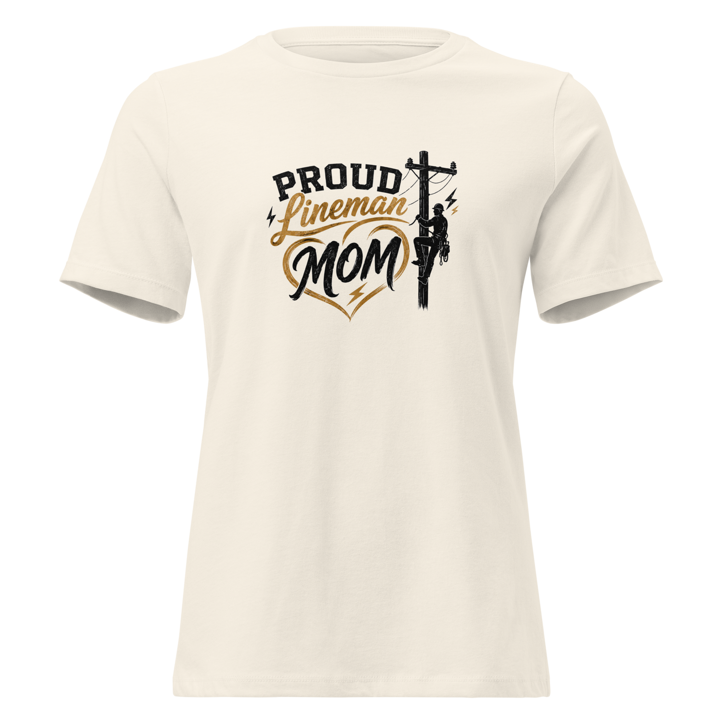 Front view of natural women's lineman mom t-shirt with a utility pole heart graphic.