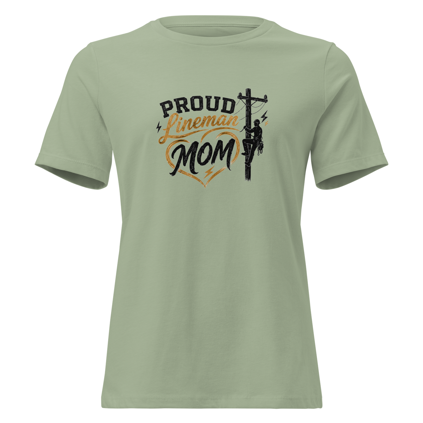 Front view of sage women's lineman mom t-shirt with a utility pole heart graphic.
