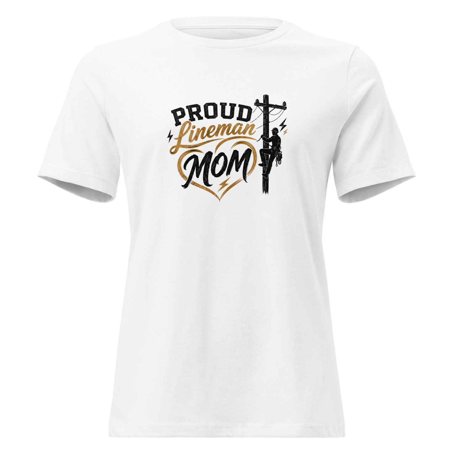 Front view of white women's lineman mom t-shirt with a utility pole heart graphic.