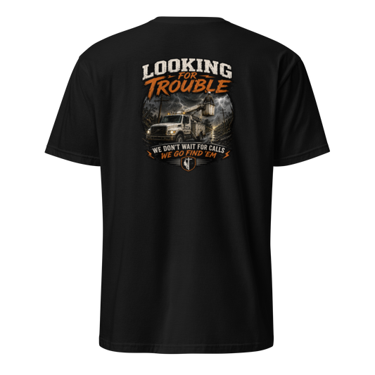 Looking for Trouble Lineman Unisex T-Shirt black back view by Plaid Cow Designs