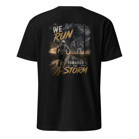 We Run Towards The Storm Lineman T-Shirt black back view by Plaid Cow Designs