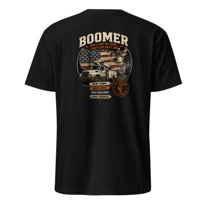 Back view of a black lineman t-shirt with a bucket truck, US flag graphic, and Boomer storm chaser text.