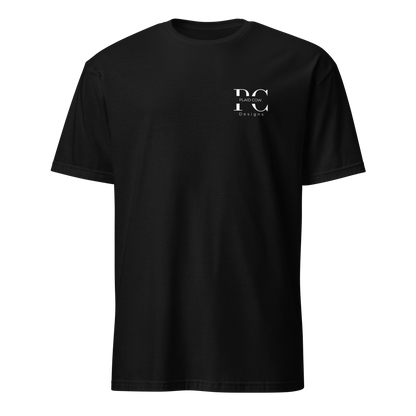 Front view of black lineman t-shirt with a white Plaid Cow Designs logo on the left chest.