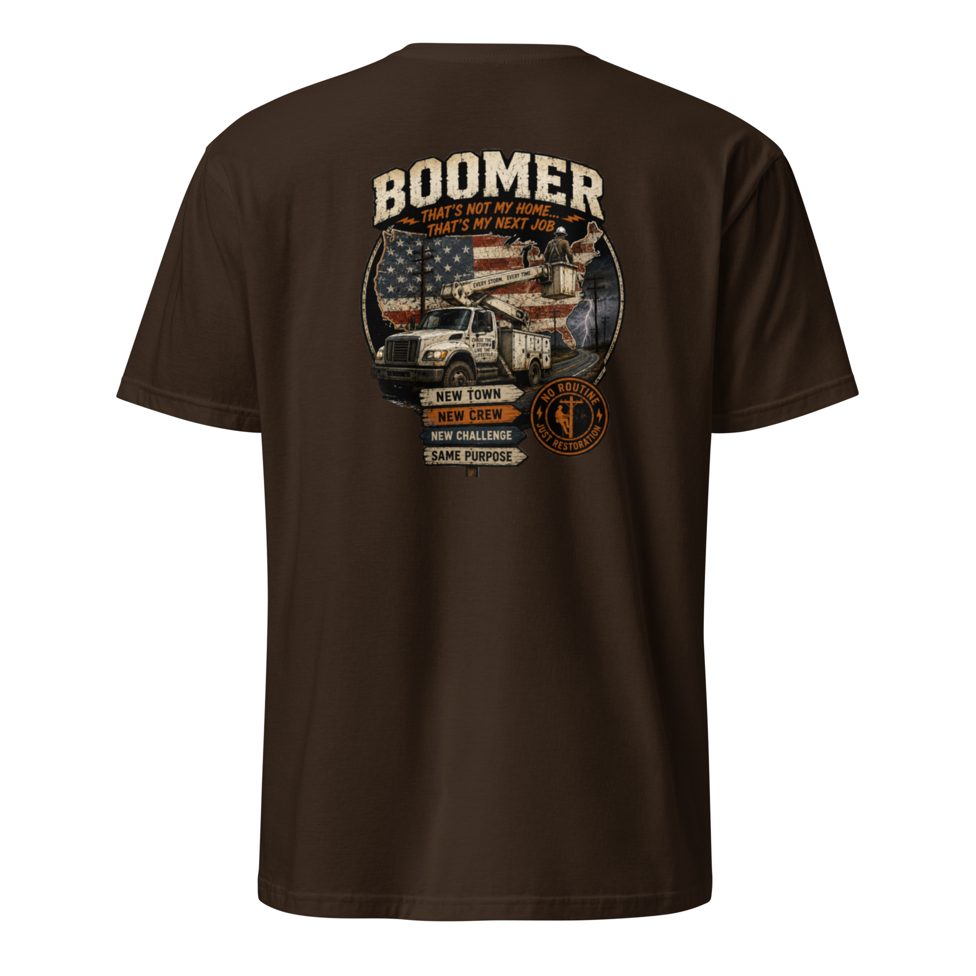 Back view of a dark chocolate lineman t-shirt with a bucket truck, US flag graphic, and Boomer storm chaser text.