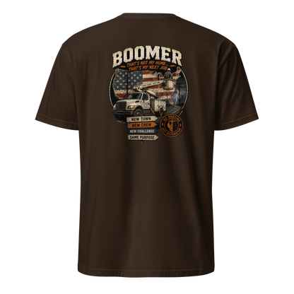 Back view of a dark chocolate lineman t-shirt with a bucket truck, US flag graphic, and Boomer storm chaser text.