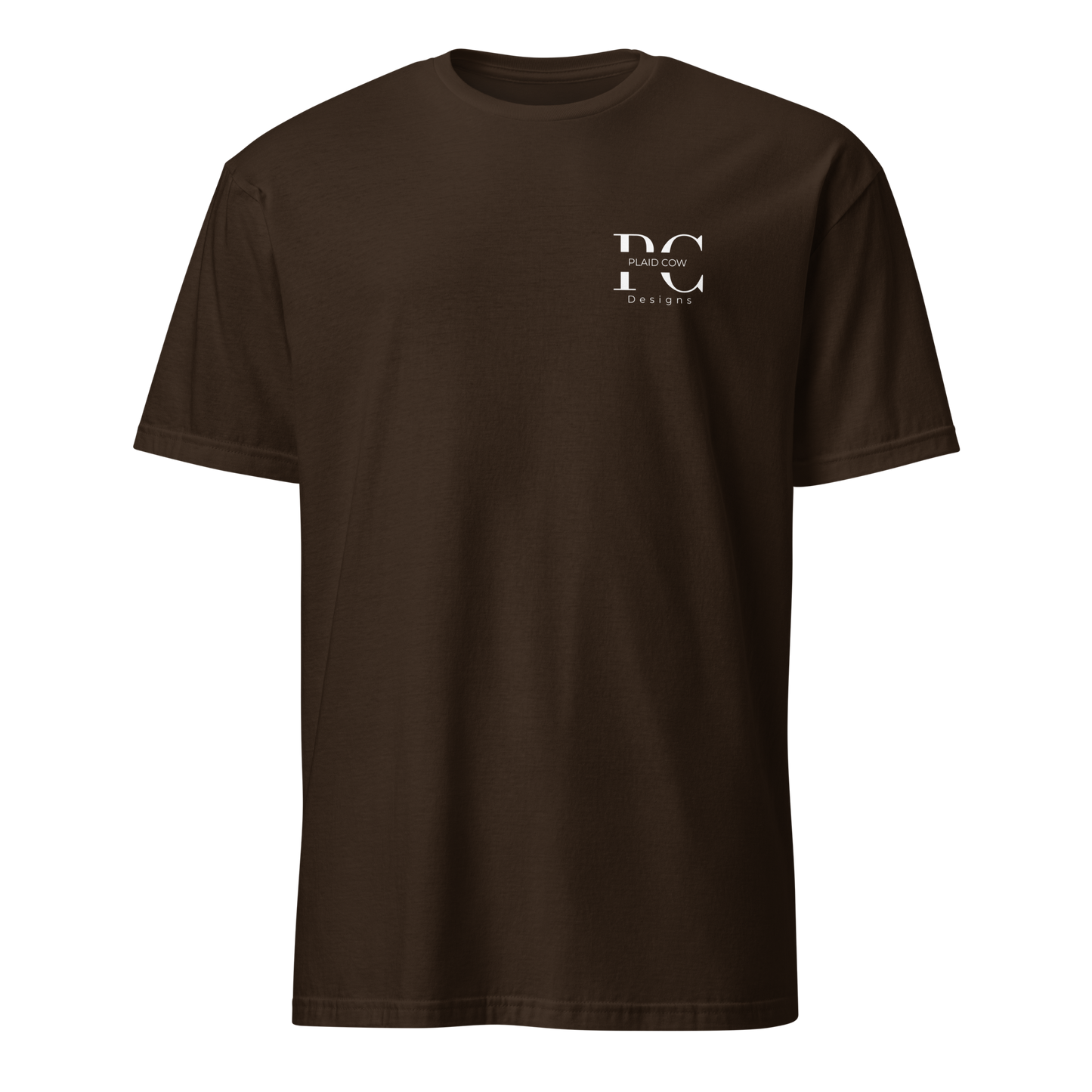 Front view of dark chocolate lineman t-shirt with a white Plaid Cow Designs logo on the left chest.