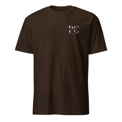 Front view of dark chocolate lineman t-shirt with a white Plaid Cow Designs logo on the left chest.