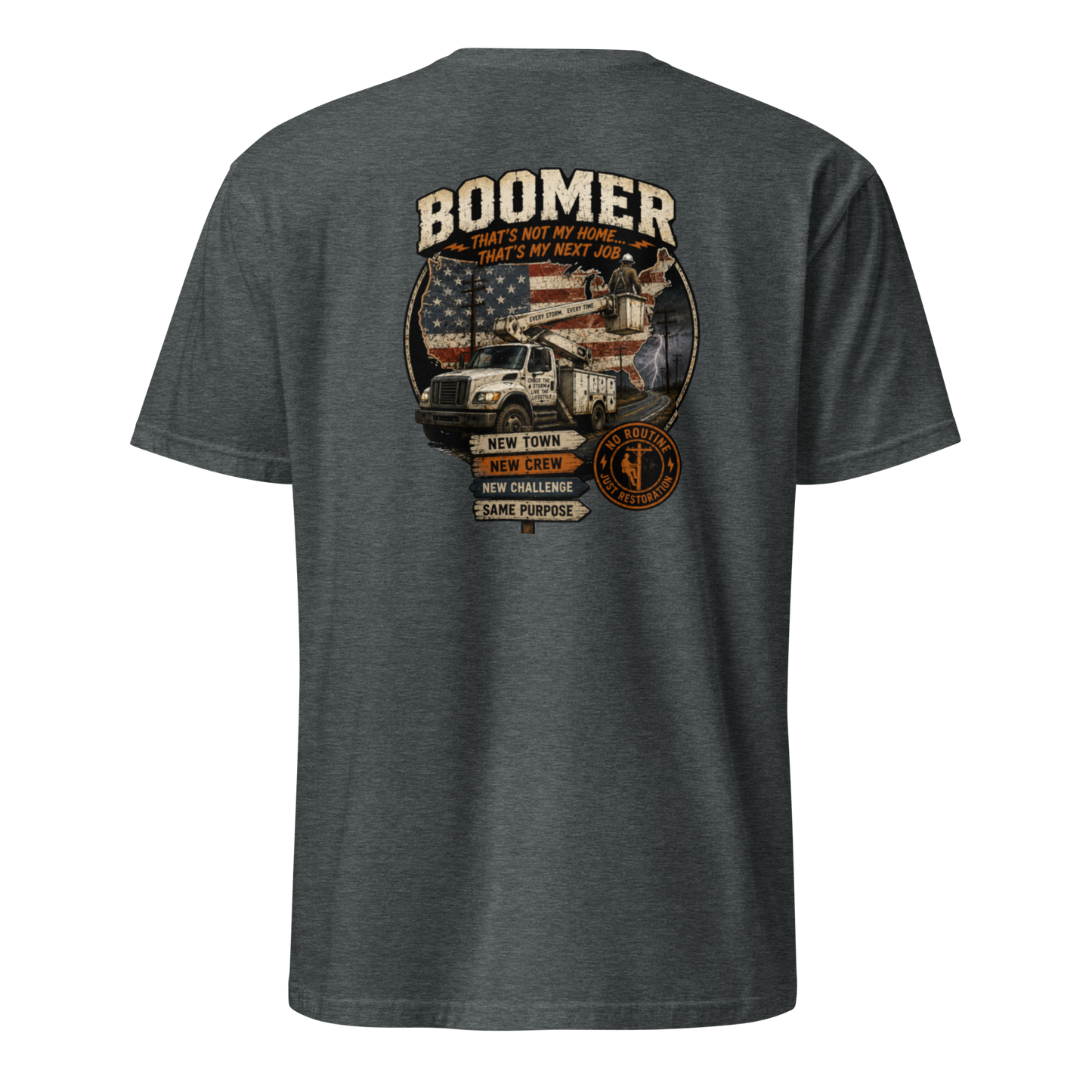 Back view of a dark heather line-man t-shirt with a bucket truck, US flag graphic, and Boomer storm chaser text.
