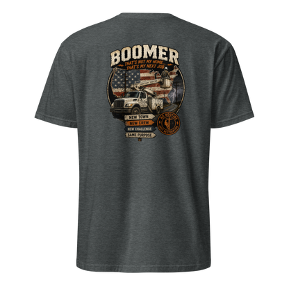 Back view of a dark heather line-man t-shirt with a bucket truck, US flag graphic, and Boomer storm chaser text.