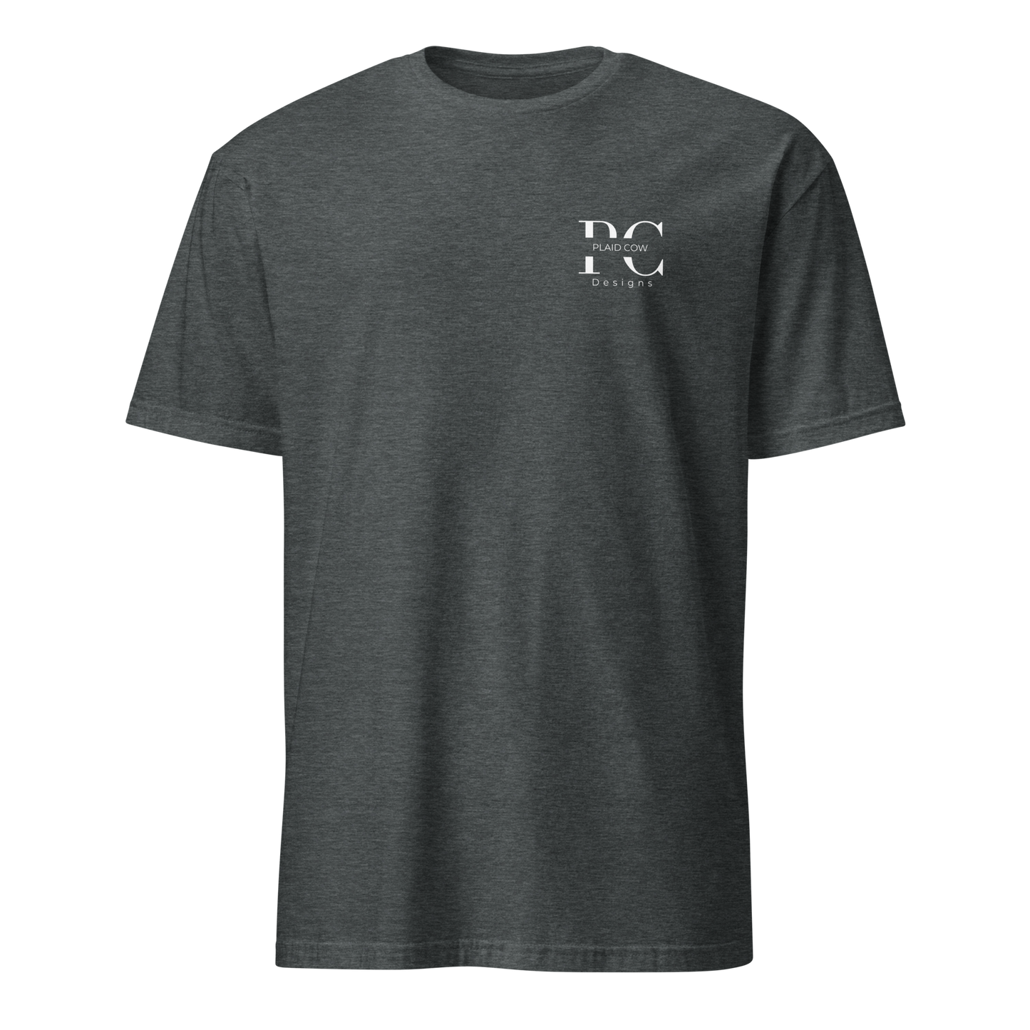 Front view of dark heather lineman t-shirt with a white Plaid Cow Designs logo on the left chest.