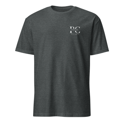 Front view of dark heather lineman t-shirt with a white Plaid Cow Designs logo on the left chest.