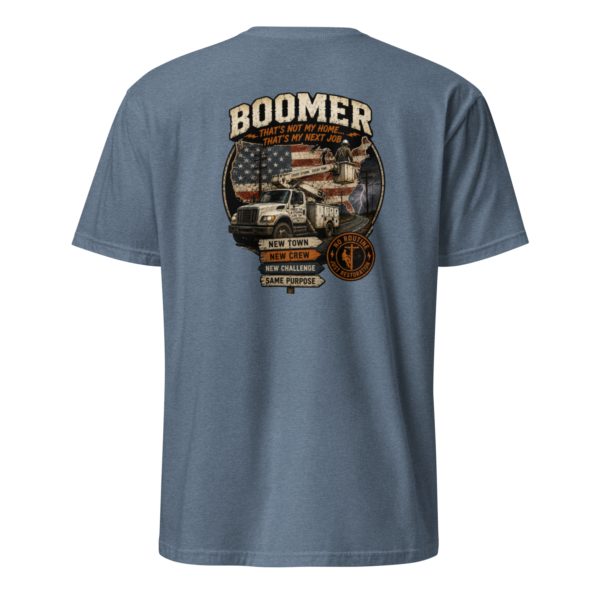 Back view of heather indigo line-man t-shirt with a bucket truck, US flag graphic, and Boomer storm chaser text.