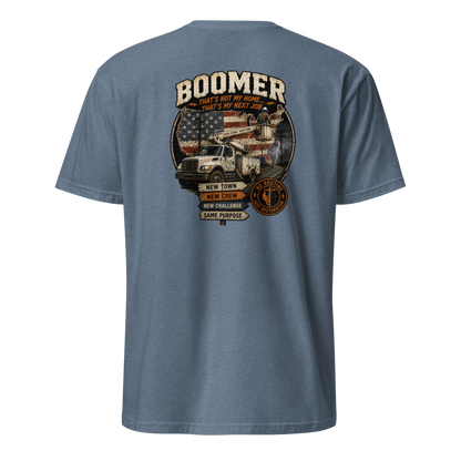Back view of heather indigo line-man t-shirt with a bucket truck, US flag graphic, and Boomer storm chaser text.