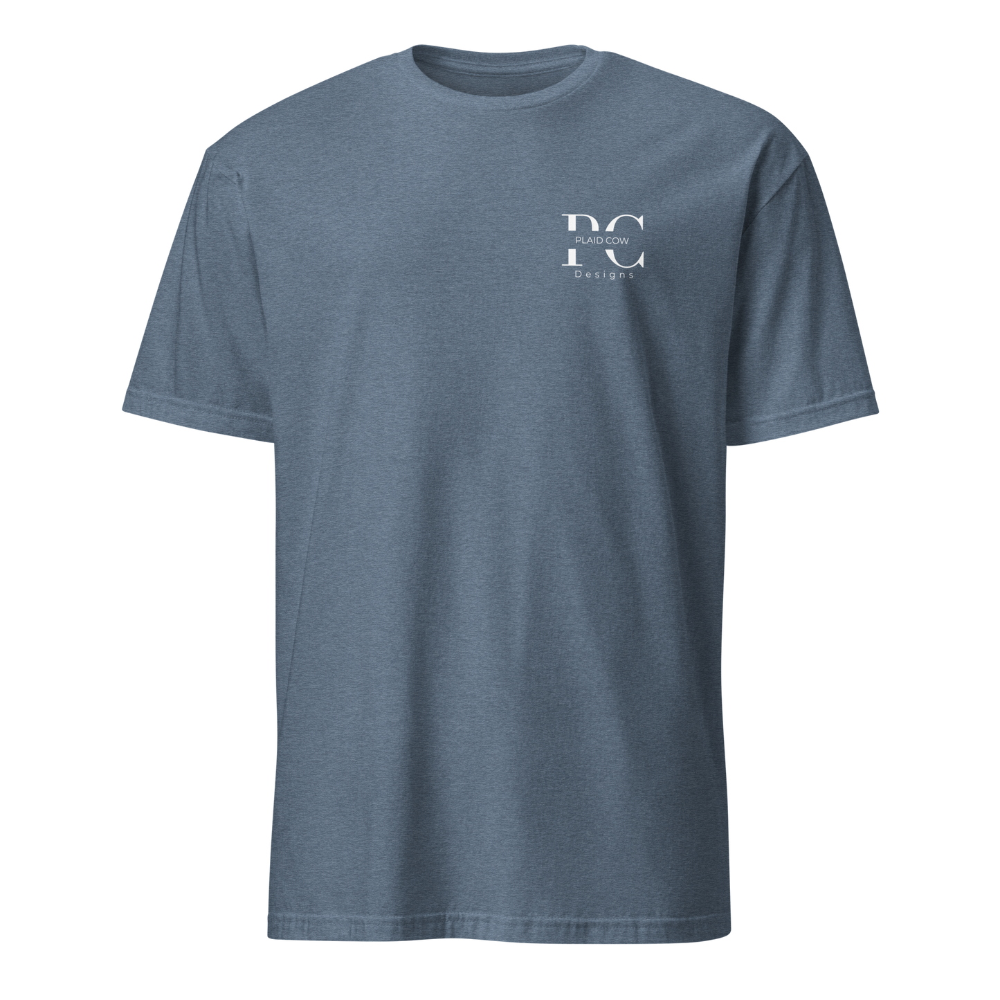 Front view of heather indigo lineman t-shirt with a white Plaid Cow Designs logo on the left chest.