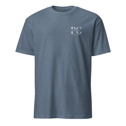 Front view of heather indigo lineman t-shirt with a white Plaid Cow Designs logo on the left chest.