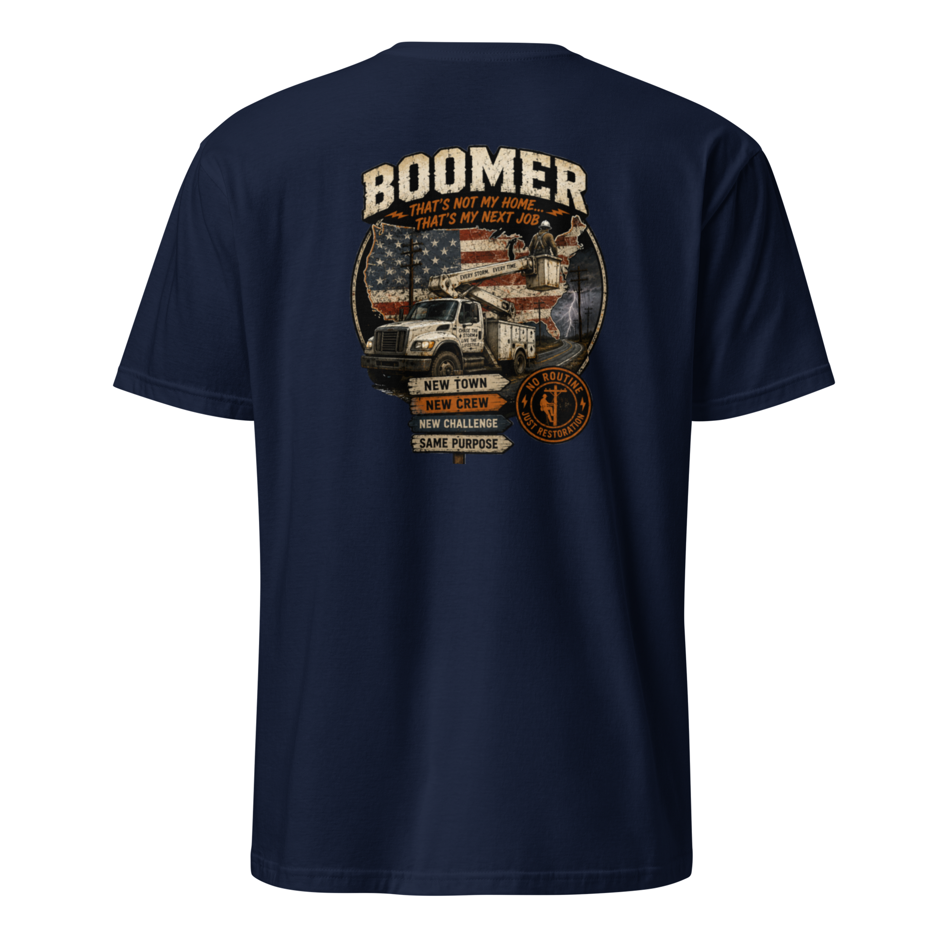 Back view of a navy blue lineman t-shirt with a bucket truck, US flag graphic, and Boomer storm chaser text.