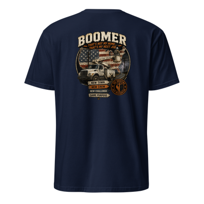 Back view of a navy blue lineman t-shirt with a bucket truck, US flag graphic, and Boomer storm chaser text.