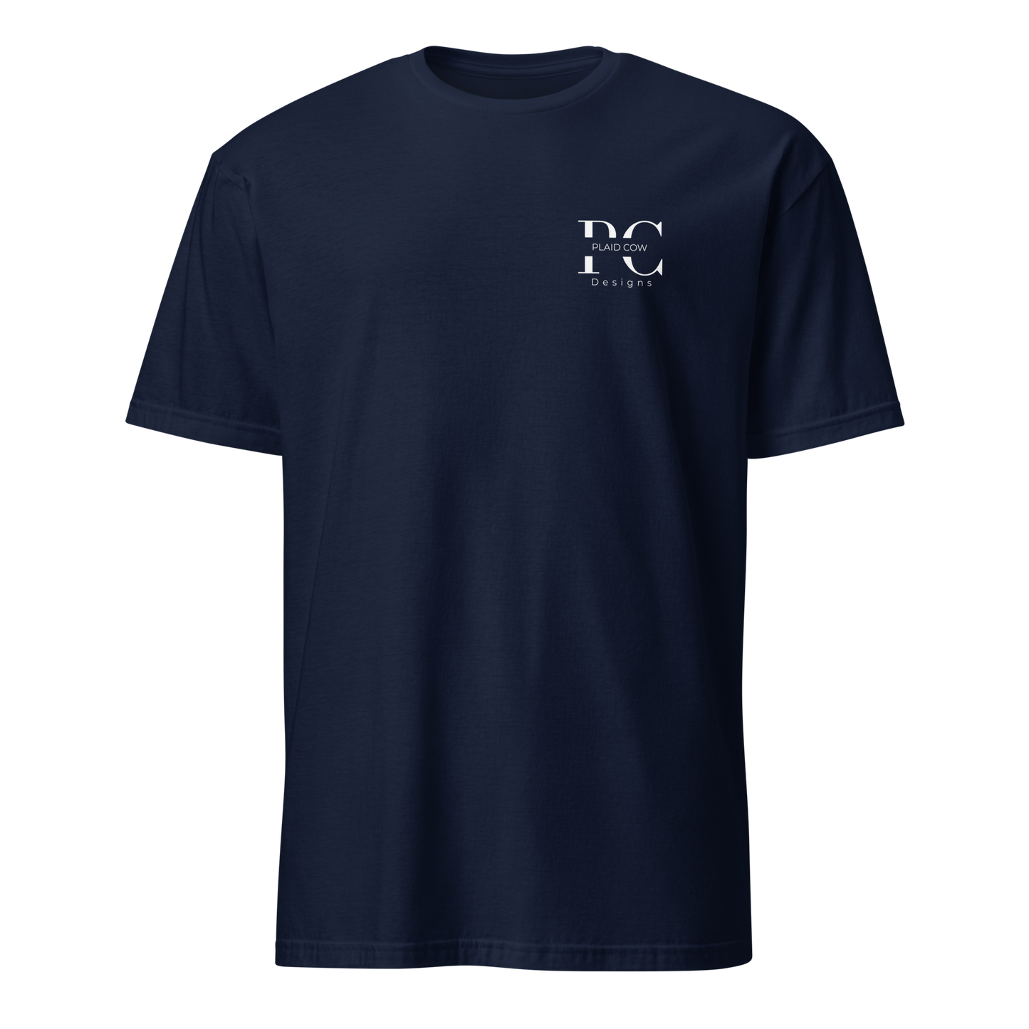 Front view of navy blue lineman t-shirt with a white Plaid Cow Designs logo on the left chest.