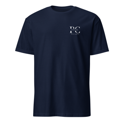Front view of navy blue lineman t-shirt with a white Plaid Cow Designs logo on the left chest.